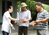 Cán bộ Trạm Y tế phường Thái Học cấp phát tờ rơi tuyên truyền phòng chống sốt xuất huyết  cho các hộ ở khu dân cư Ninh Chấp 5