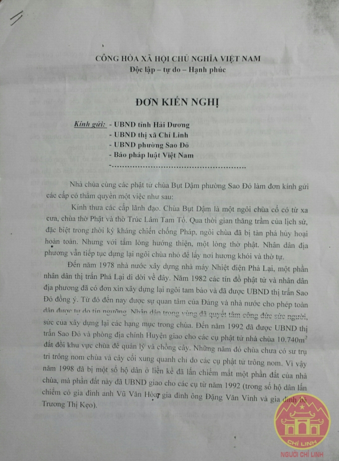 Đơn các phật tử chùa Bụt Dậm gửi báo Pháp Luật Việt Nam.